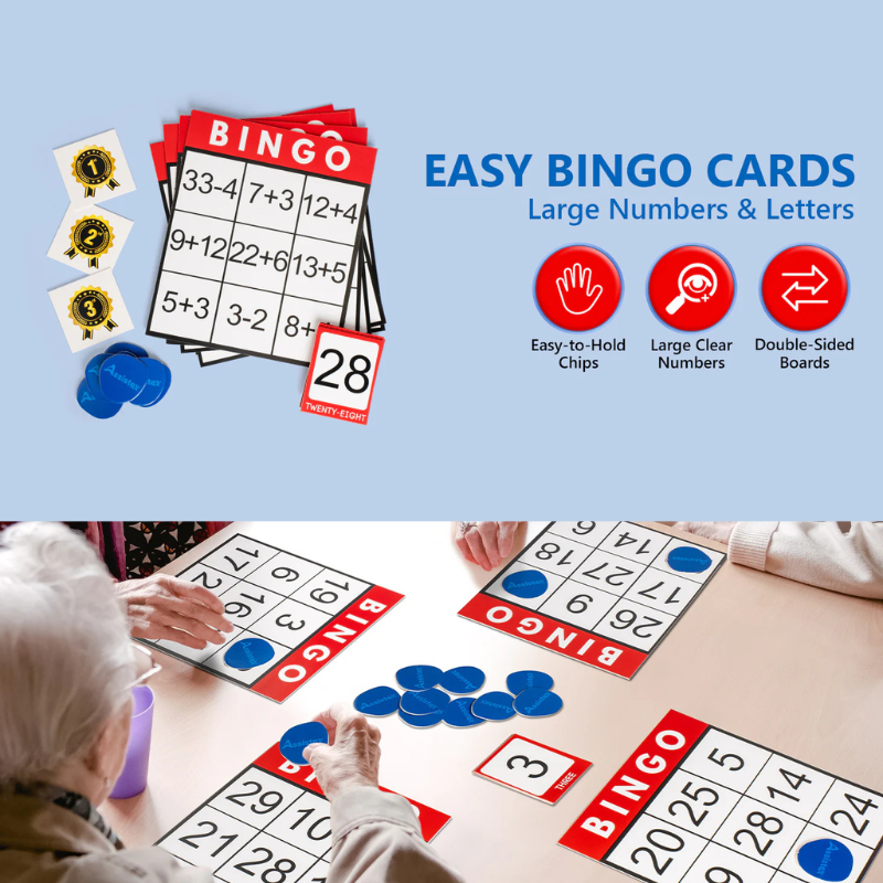 Assistex Large Text Bingo Games for Seniors – 11 Double Sided Board Games for Dementia Patients – Easy to Hold Alzheimer's Games