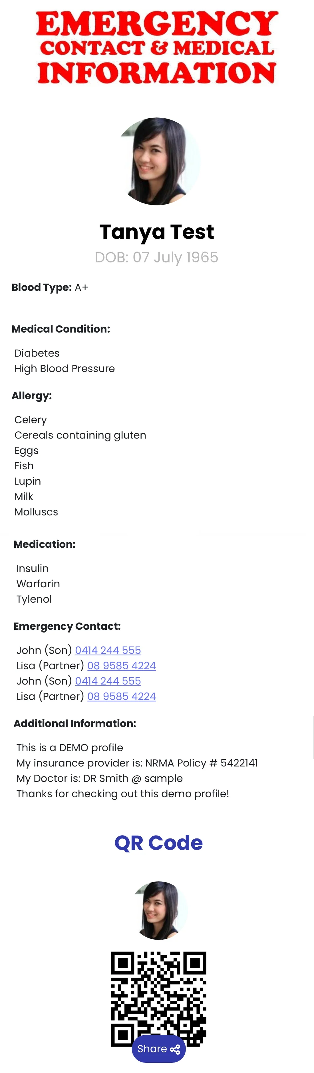 Smart NFC Emergency Medical Alert ID Information Card